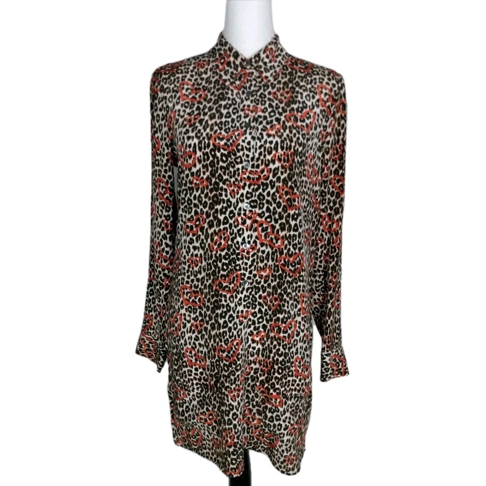 Equipment Femme 100% Silk Multicolor Tunic Size S/P Hearts Animal Deep V- Neck